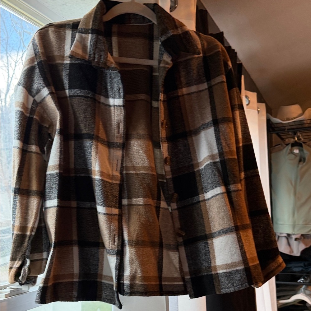 SHEIN Black, Tan & Cream Plaid Shacket